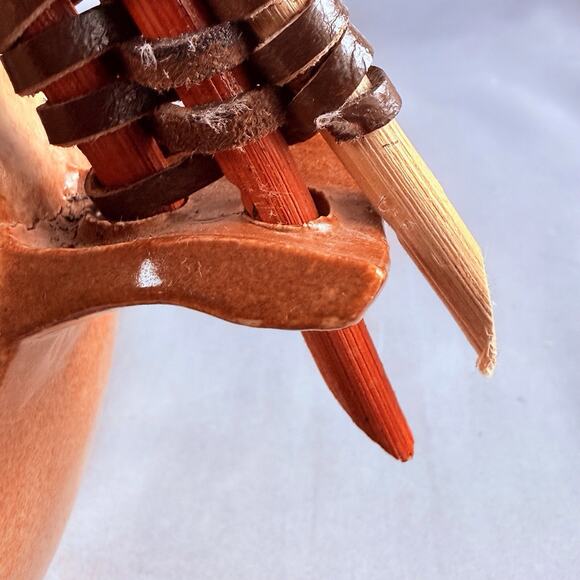 Large Art Pottery Vase Southwest Style MCM Yellow Orange Wood Handles 11” Signed - Picture 10 of 13